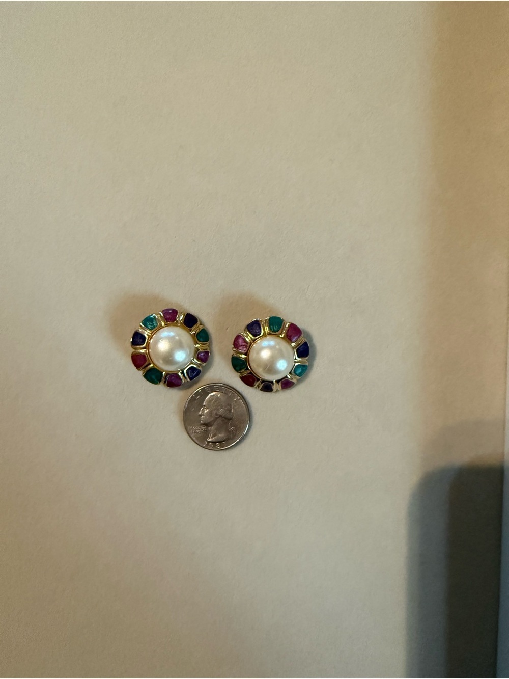 Vintage Multicolor Gem Halo Pearl Stud Earrings - Women Jewelry